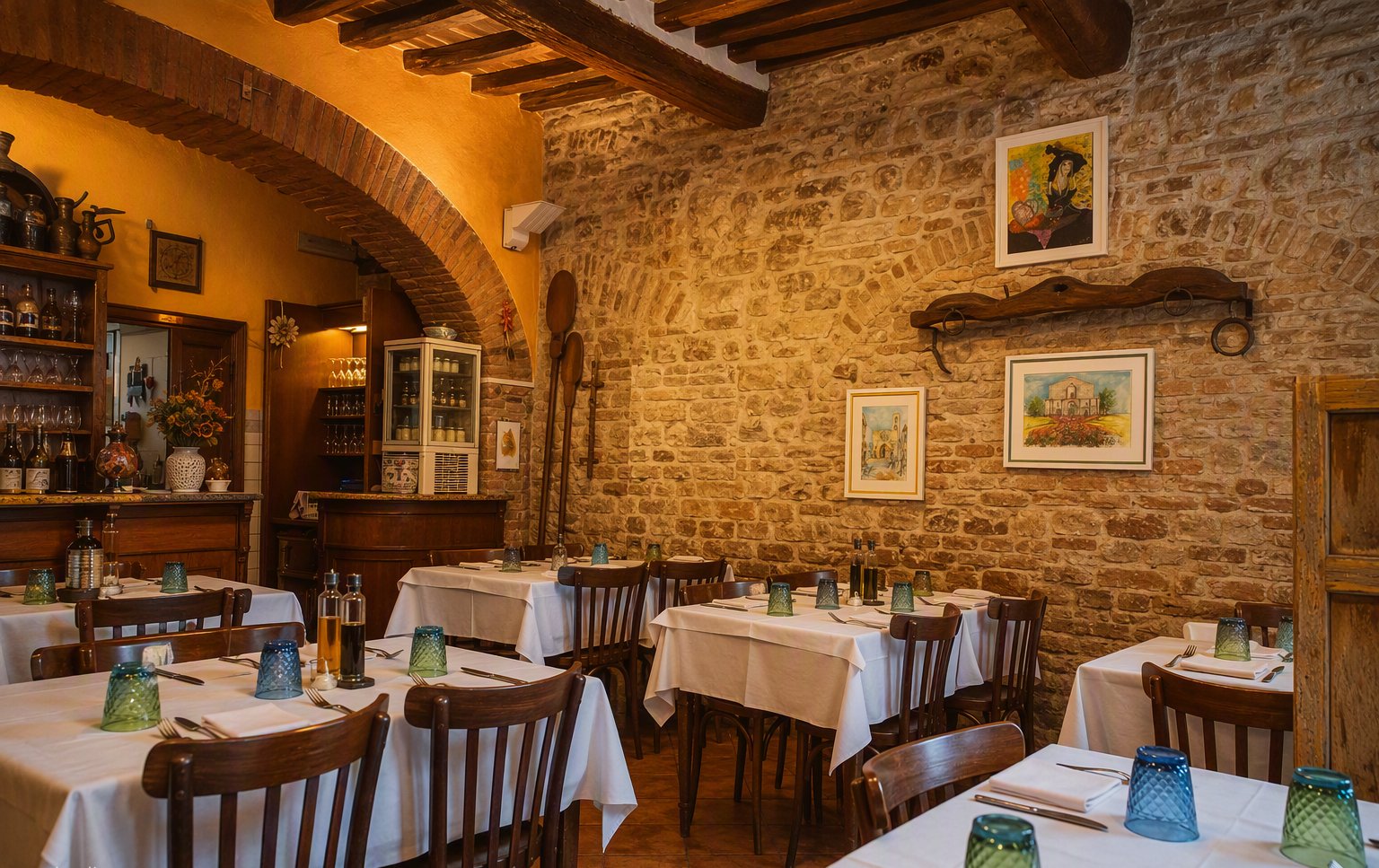 La sala con i muri in pietra e le travi di legno